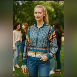 YMHY multicolour bomber w/ geometric design. Silver  tone zippered front💙🧡❤️🤍